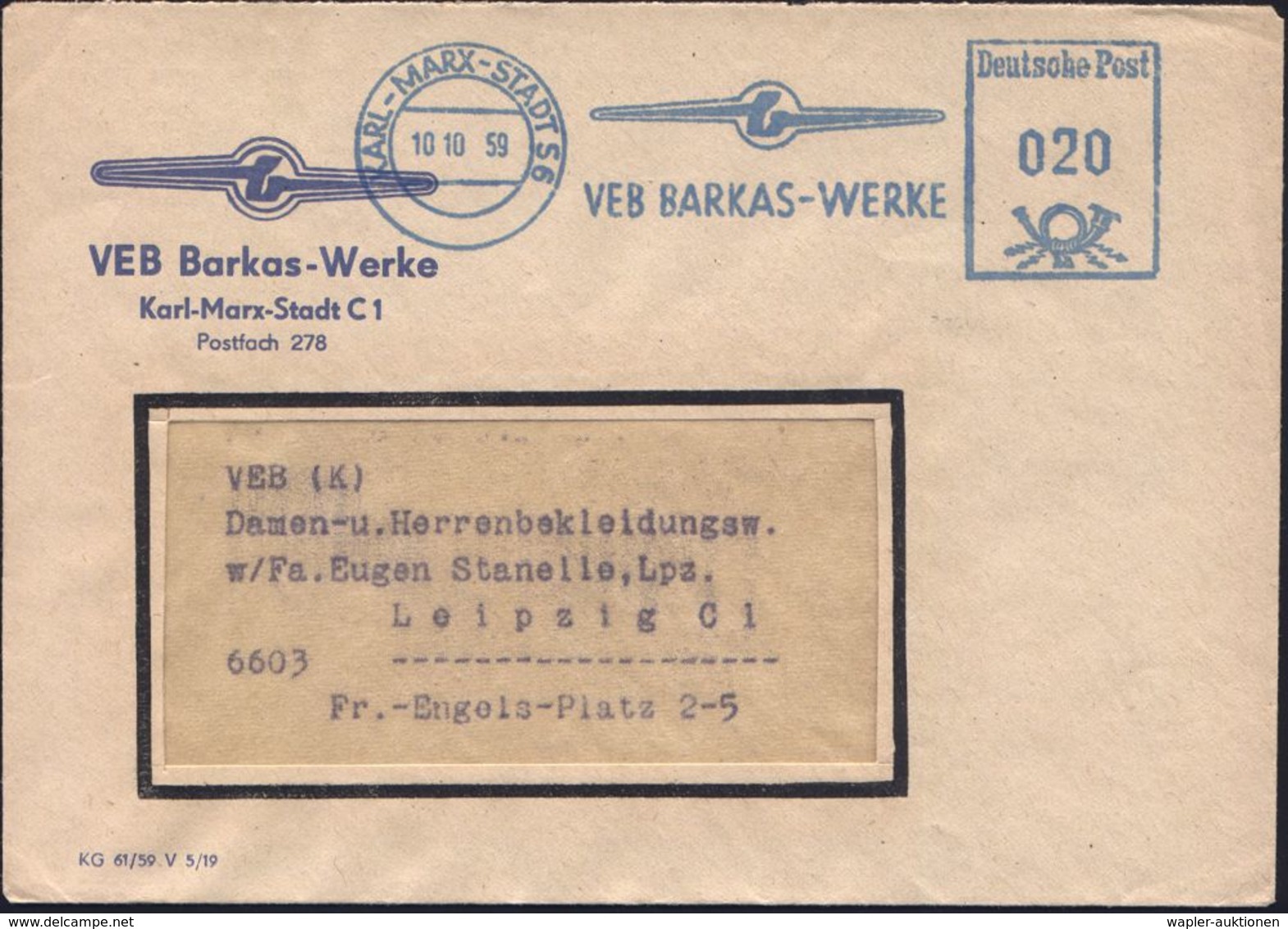 AUTOHERSTELLER D.D.R. : KARL-MARX-STADT S6/ VEB BARKAS-WERKE 1959 (10.10.) Blauer AFS = Firmen-Logo (blau = DDR-Dienstfa - Voitures