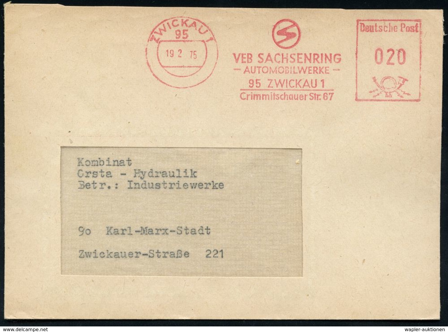 AUTOHERSTELLER D.D.R. : 95 ZWICKAU 1/ S/ VEB SACHSENRING/ AUTOMOBILAWERKE.. 1975 (19.2.) Seltener AFS-Typ (Ovalziffern)  - Automobili