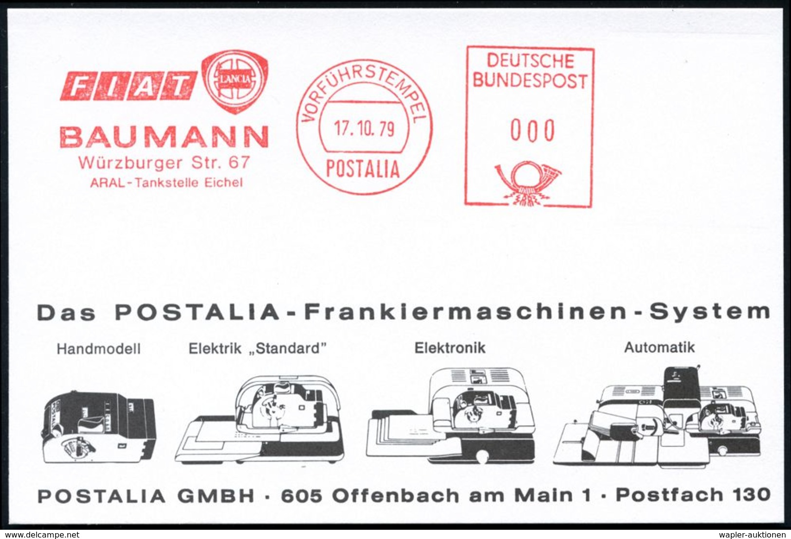 AUTOMOBIL-HERSTELLER AUSLAND : Aschaffenburg 1979 (17.10.) AFS: VORFÜHRSTEMPEL/POSTALIA/FIAT LANCIA/BAUMANN.. = Je Firme - Cars