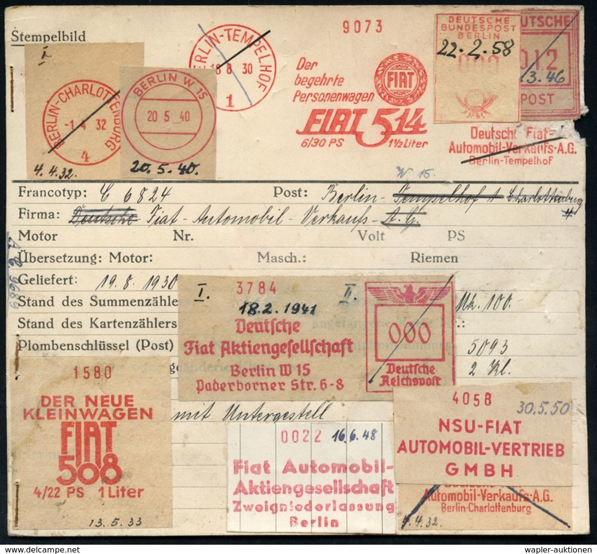 AUTOMOBIL-HERSTELLER AUSLAND : BERLIN-TEMPELHOF 1 1930/58 Francotyp-Archivmusterkarte Für Die Fa. FIAT Mit Div. Stempeln - Cars