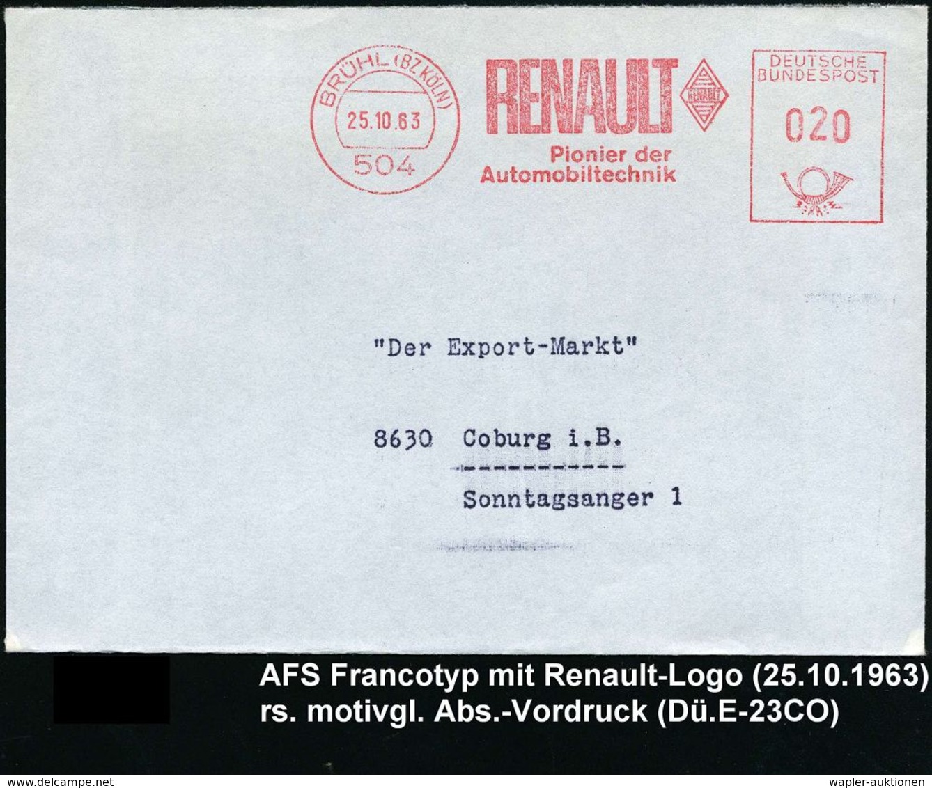 AUTOMOBIL-HERSTELLER AUSLAND : 504 BRÜHL (BZ KÖLN)/ RENAULT/ Pionier D./ Automobiltechnik 1963 (25.10.) AFS = Renault-Lo - Cars