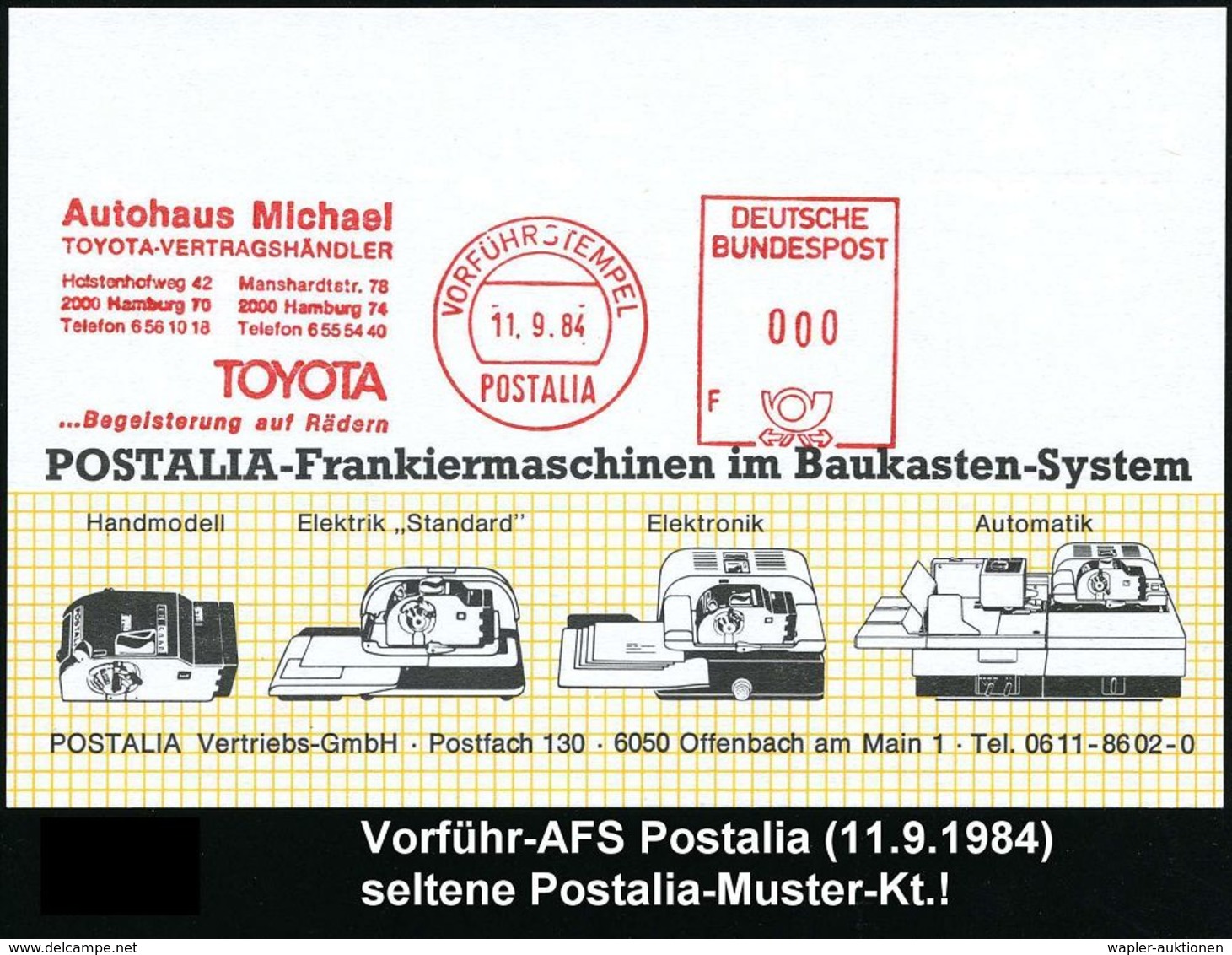 AUTOMOBIL-HERSTELLER AUSLAND : 2000 Hamburg 70/ 74 1984 (11.9.) AFS.: VORFÜHRSTEMPEL/POSTALIA/Autohaus Michael/TOYOTA-VE - Autos