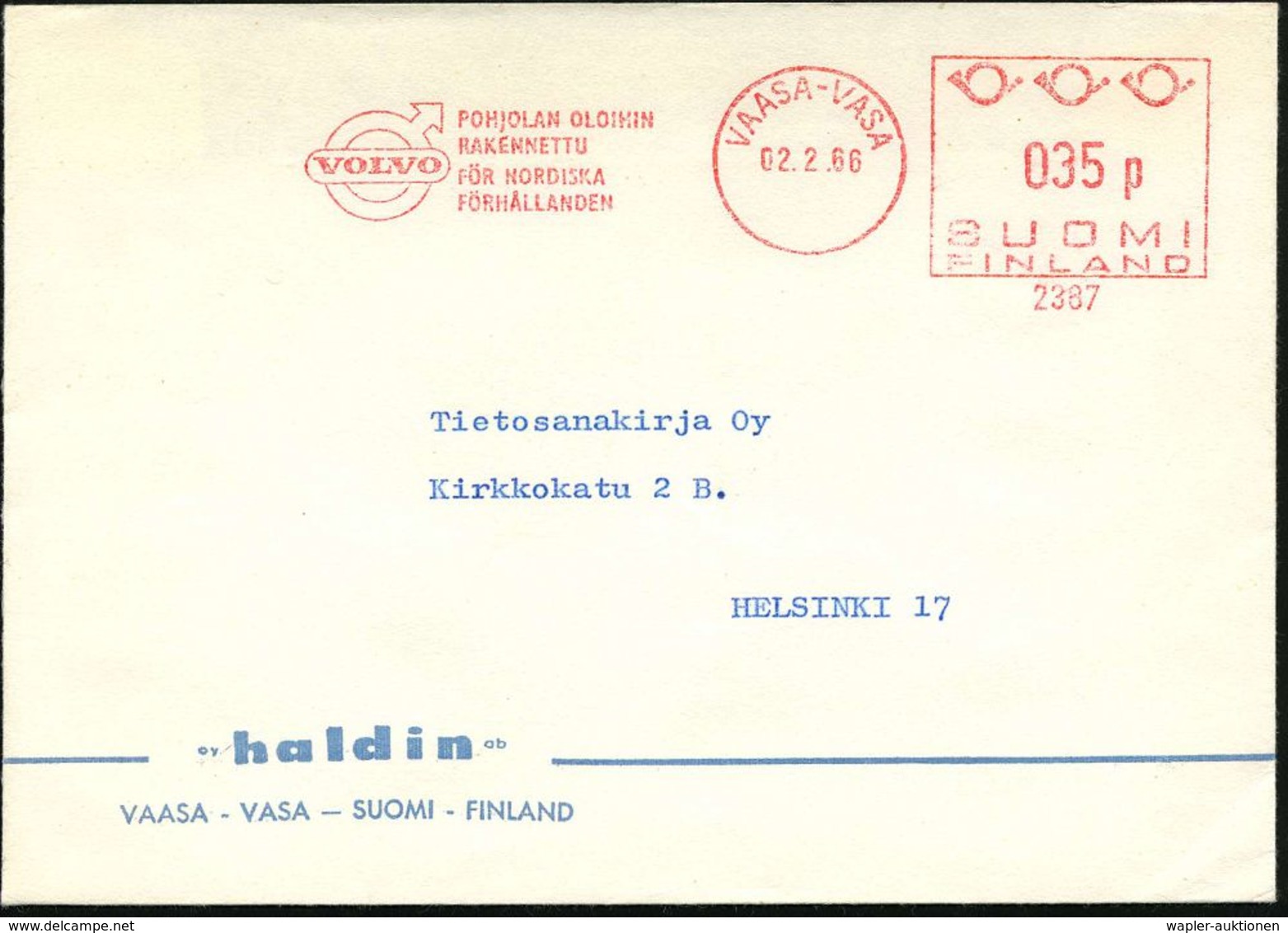 AUTOMOBIL-HERSTELLER AUSLAND : FINNLAND 1966 (2.2.) AFS: VAASA-VASA/2387/VOLVO/POHJOLAN OLOHIN/RAKENNTTU.. (= Volvo-Logo - Cars