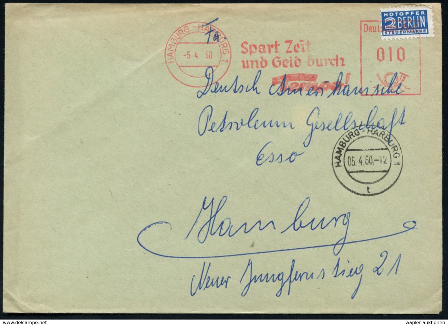 LASTKRAFTWAGEN / LKW : HAMBURG-HARBURG 1/ Spart Zeit/ U.Geld Durch/ Tempo! 1950 (5.4.) AFS (Firmen-Logo) Als VE Auf 2 Pf - Camions