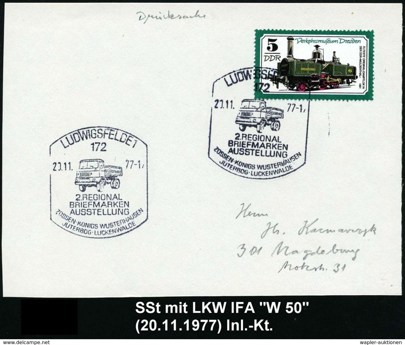 LASTKRAFTWAGEN / LKW : 172 LUDWIGSFELDE 1/ 2.REGIONAL/ BRIEFMARKEN/ AUSSTELLUNG.. 1977 (20.11.) SSt = IFA-LKW , Inl.-Kar - Camions