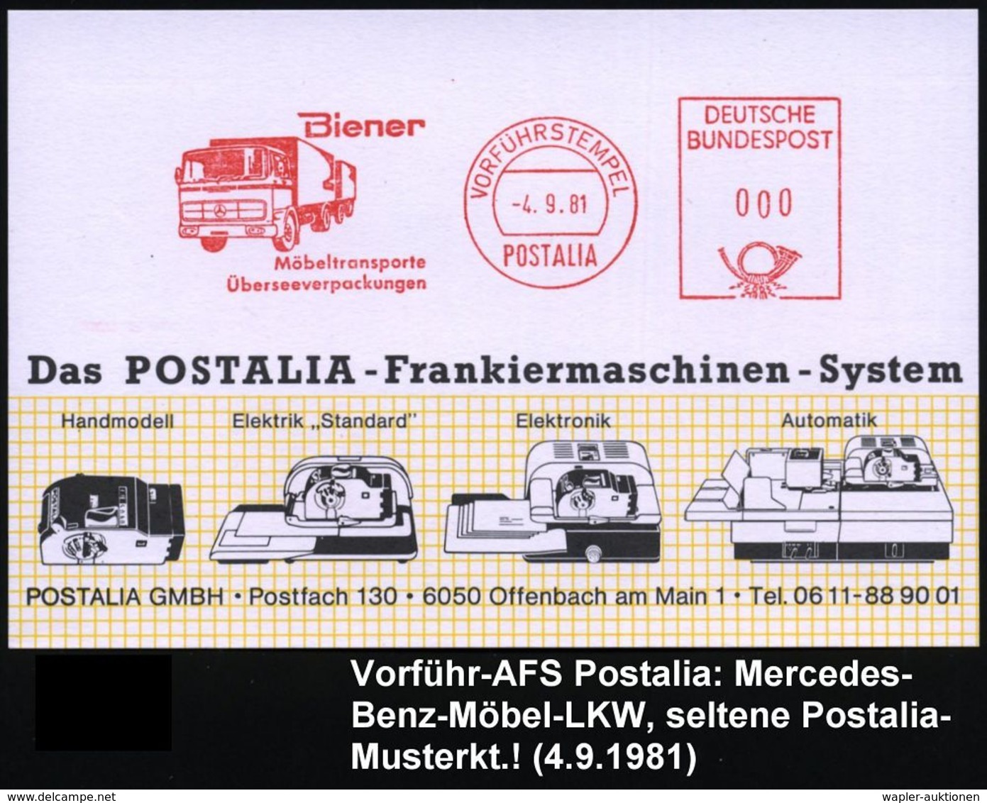 LASTKRAFTWAGEN / LKW : B.R.D. 1981 (4.9.) AFS.: VORFÜHRSTEMPEL/POSTALIA/Biener/Möbeltransport.. = LKW-Koffer-LKW-Zug, Se - LKW