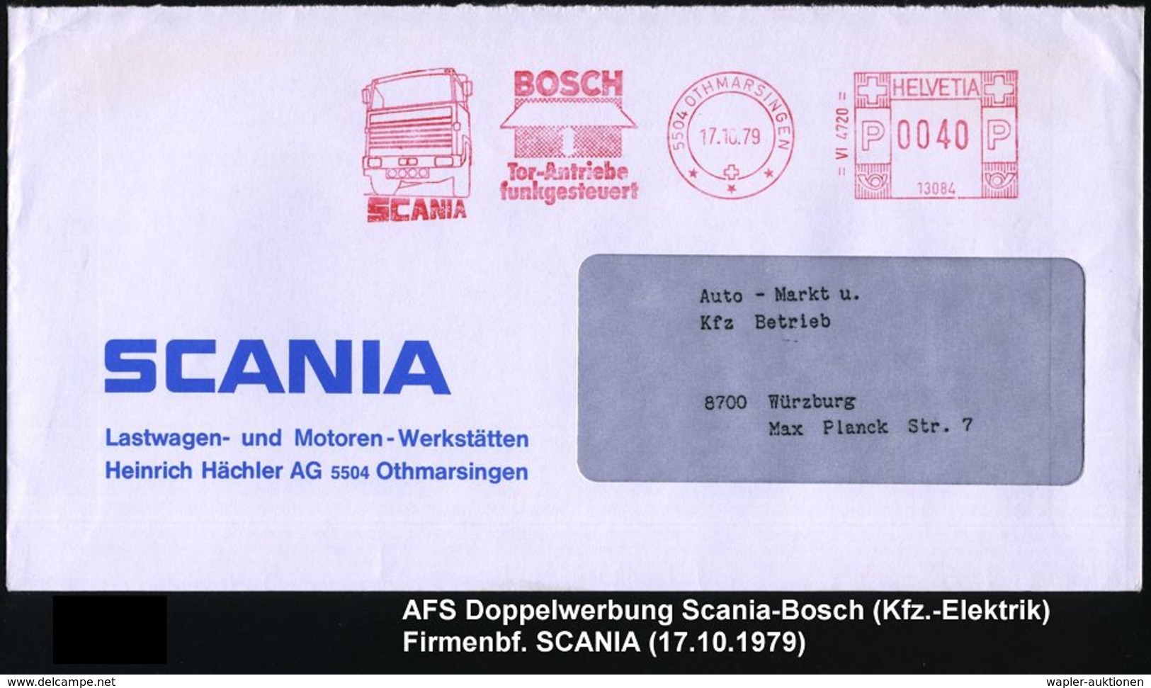 LASTKRAFTWAGEN / LKW : SCHWEIZ 1979 (17.10.) AFS.: 5504 Othmarschen/***/13084/SCANIA/BOSCH.. (= Scania-LKW, Bosch-Garage - Camions