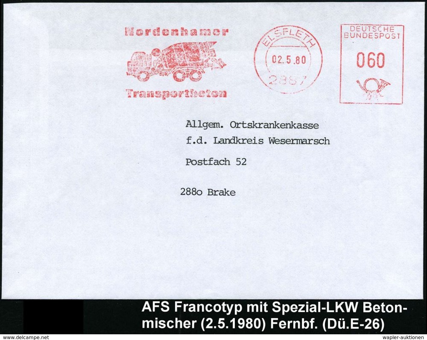 SPEZIAL-KFZ / BAU-KFZ / KRAN-KFZ : 2887 ELSFLETH/ Nordenhamer/ Transportbeton 1980 (2.5.) AFS = Betonmischer-LKW , Fern- - Camions