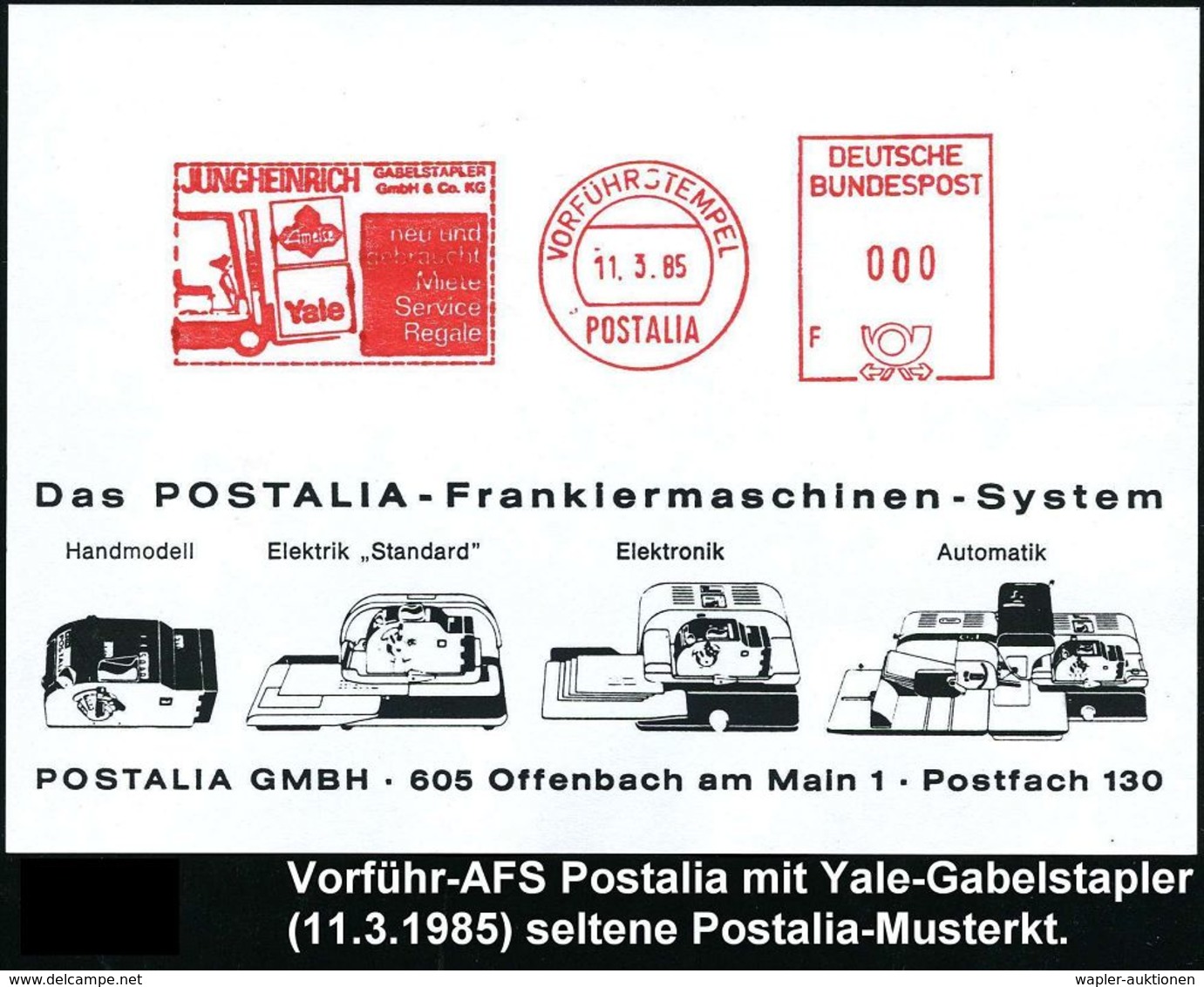 SPEZIAL-KFZ / BAU-KFZ / KRAN-KFZ : Schwabach 1985 (11.3.) AFS.: VORFÜHRSTEMPEL/POSTALIA/JUNGHEINRICH/GABELSTAPLER/Yale.. - Camions