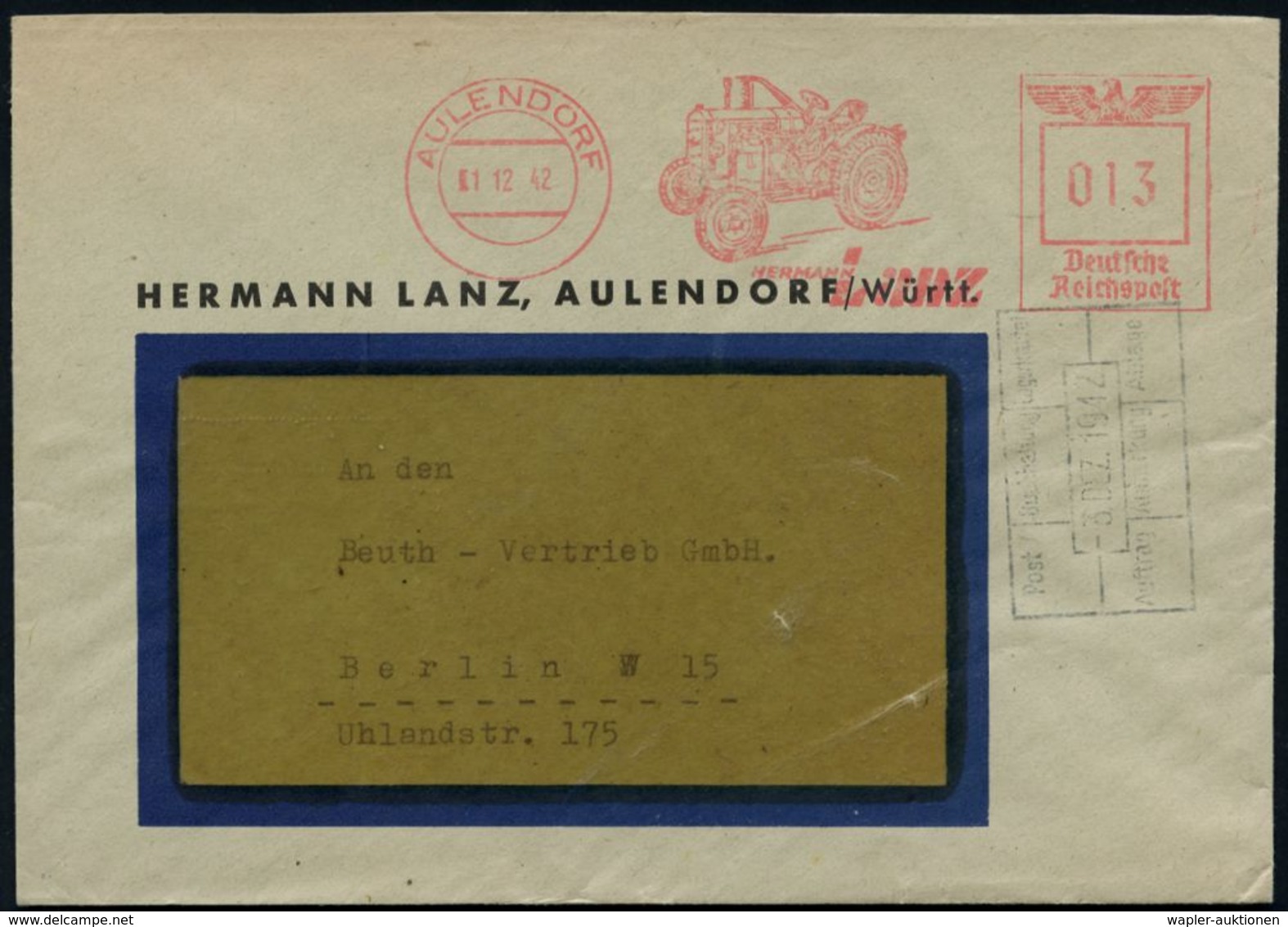 TRAKTOR / RAUPENSCHLEPPER : AULENDORF/ HERMANN/ Lanz 1942 (1.12.) AFS = Lanz-Traktor, Klar Gest. Firmen-Bf., Schönes Mot - Cars