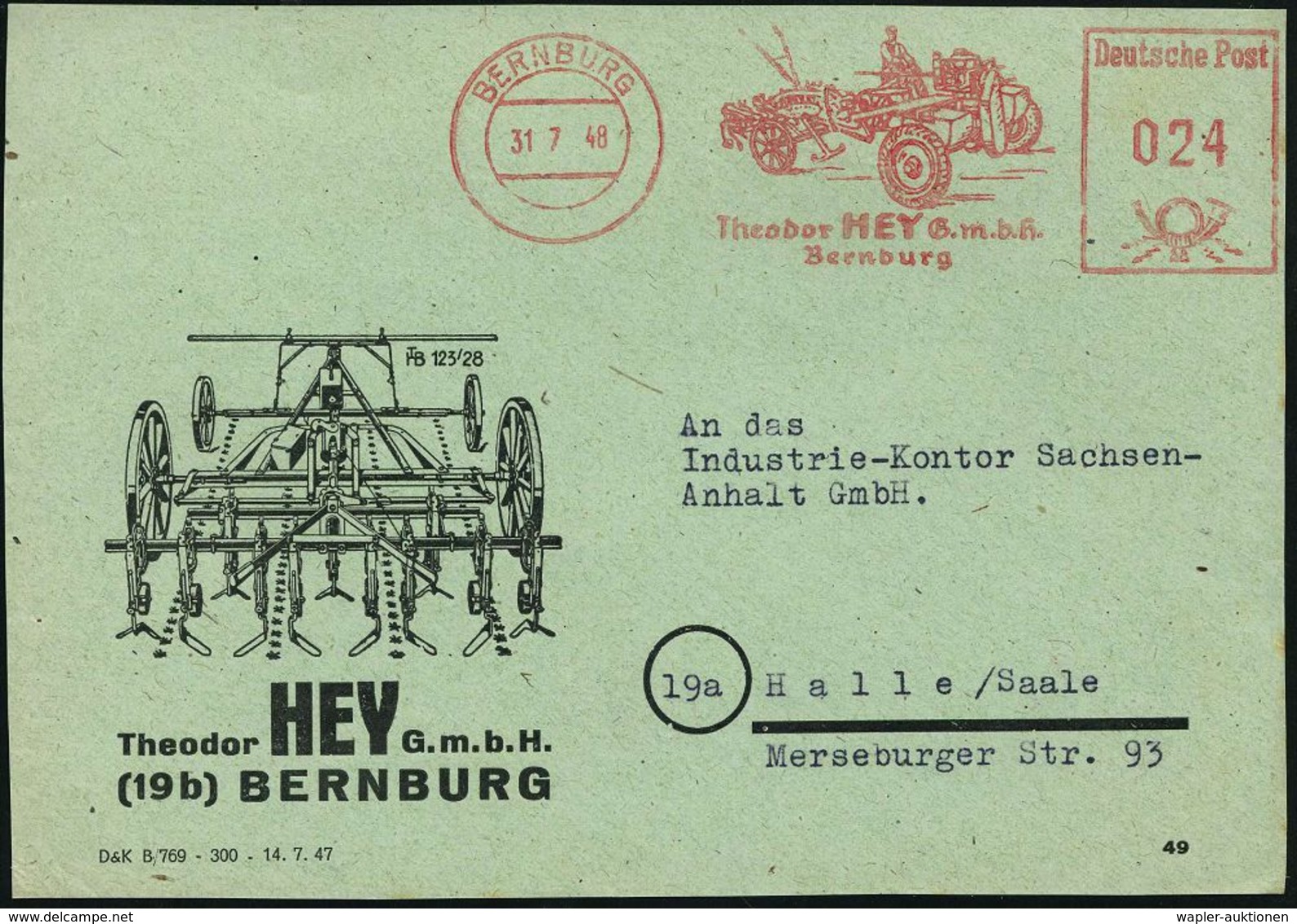 TRAKTOR / RAUPENSCHLEPPER : BERNBURG/ Theodor HEY GmbH.. 1948 (31.7.) Dekorat. AFS (Spezial-Traktor) Auf Reklame-Vorders - Cars