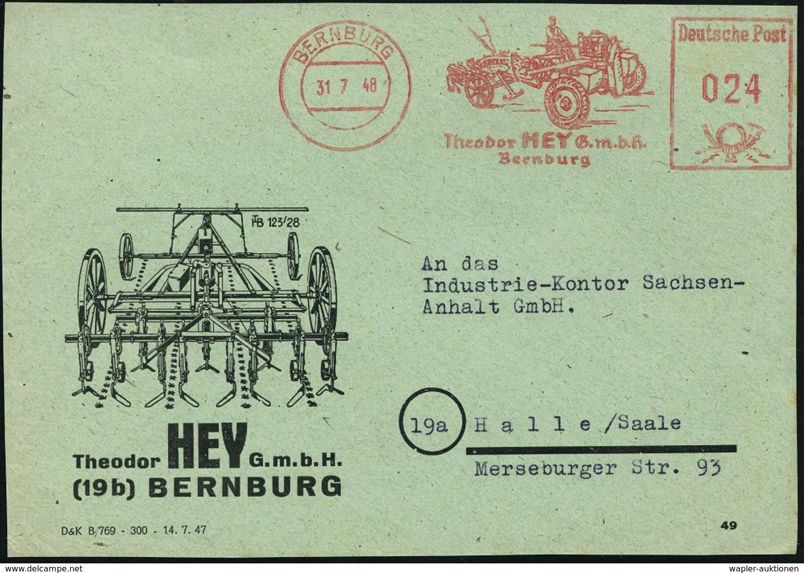 TRAKTOR / RAUPENSCHLEPPER : BERNBURG/ Theodor HEY GmbH.. 1948 (31.7.) Dekorat. AFS (Spezial-Traktor) Auf Reklame-Vorders - Voitures