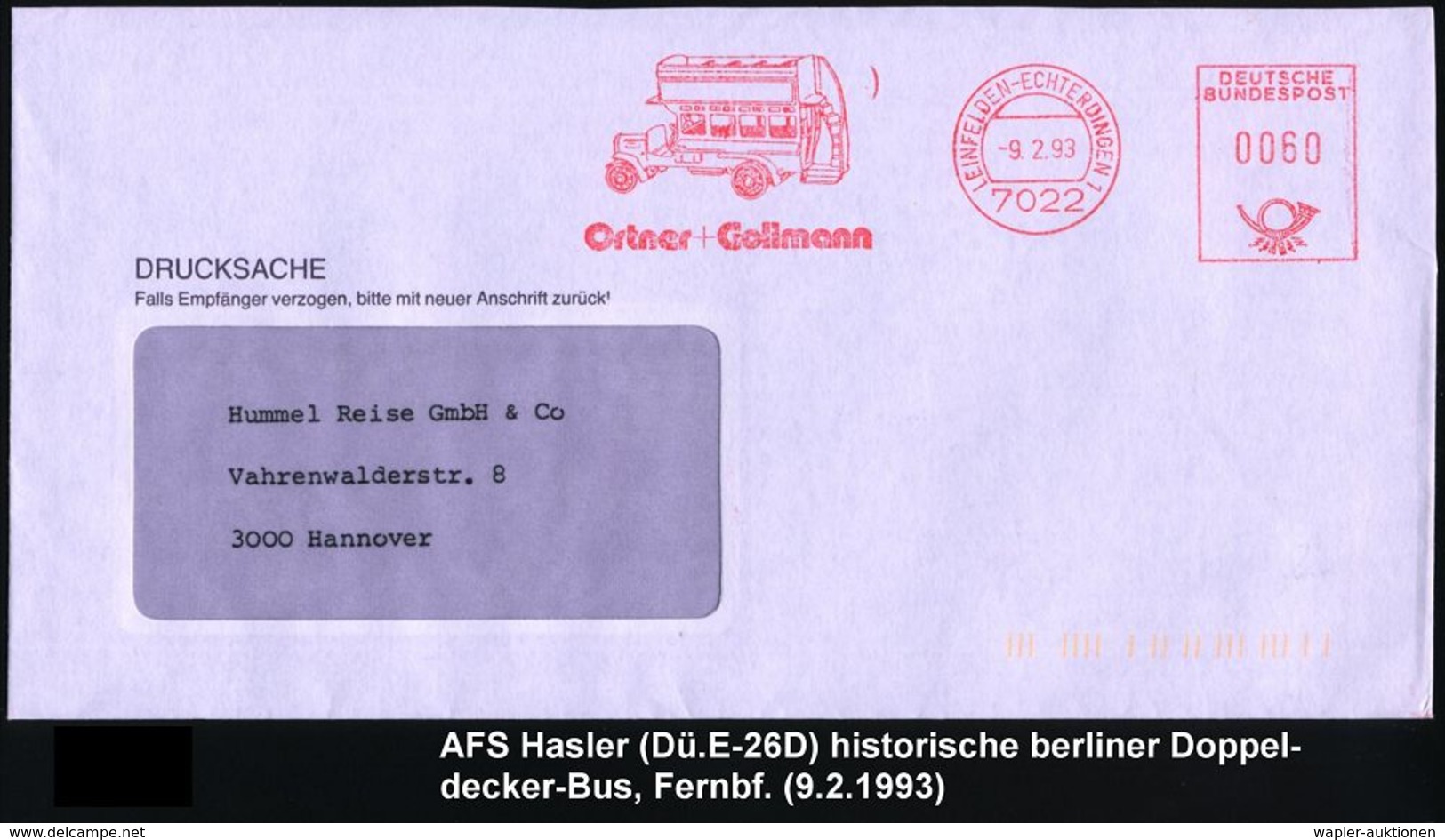 OMNIBUS / OMNIBUS-HERSTELLER : 7022 LEINEFELDEN-ECHTERDINGEN 1/ Ortner + Gollmann 1993 (9.2.) AFS = Histor. Doppeldecker - Bus
