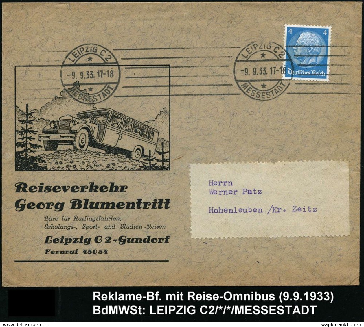 OMNIBUS / OMNIBUS-HERSTELLER : LEIPZIG C2/ **/ MESSESTADT 1933 (9.9.) BdMWSt (6 Striche) Auf Reklame-Bf.: Reiseverkehr,  - Busses