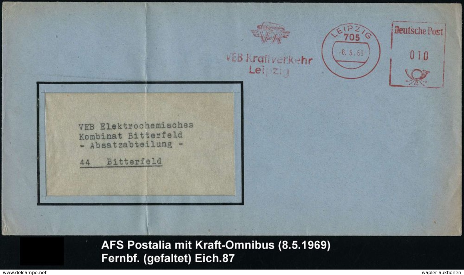 OMNIBUS / OMNIBUS-HERSTELLER : 705 LEIPZIG/ VB/ VEB Kraftverkehr/ Leipzig 1969 (8.5.) AFS = Omnibus , Fern-Bf. (Typ Post - Bus