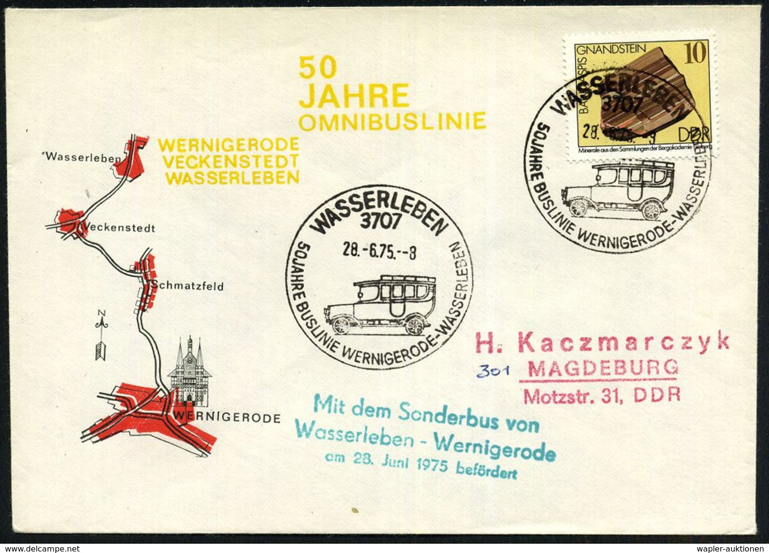 OMNIBUS / OMNIBUS-HERSTELLER : 3707 WASSERLEBEN/ 50 JAHRE BUSLINIE WERNIGERODE-WASSERLEBEN 1975 (28.6.) SSt = Histor. Kr - Busses