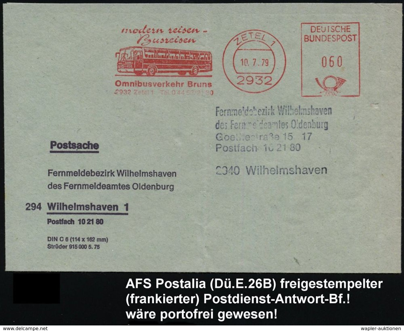 OMNIBUS / OMNIBUS-HERSTELLER : 2932 ZETEL 1/ ..Omnibusverkehr Bruns.. 1979 (10.7.) AFS = Reisebus Auf Postdienst-Antwort - Bus
