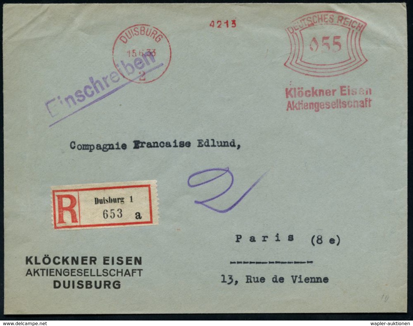 KRAFTFAHR-TRUPPEN / MILITÄR-KFZ. (ohne PANZER) : DUISBURG/ 2/ Klöckner Eisen/ AG 1933 (Juni) AFS 055 Pf. + RZ: Duisburg  - Automobili