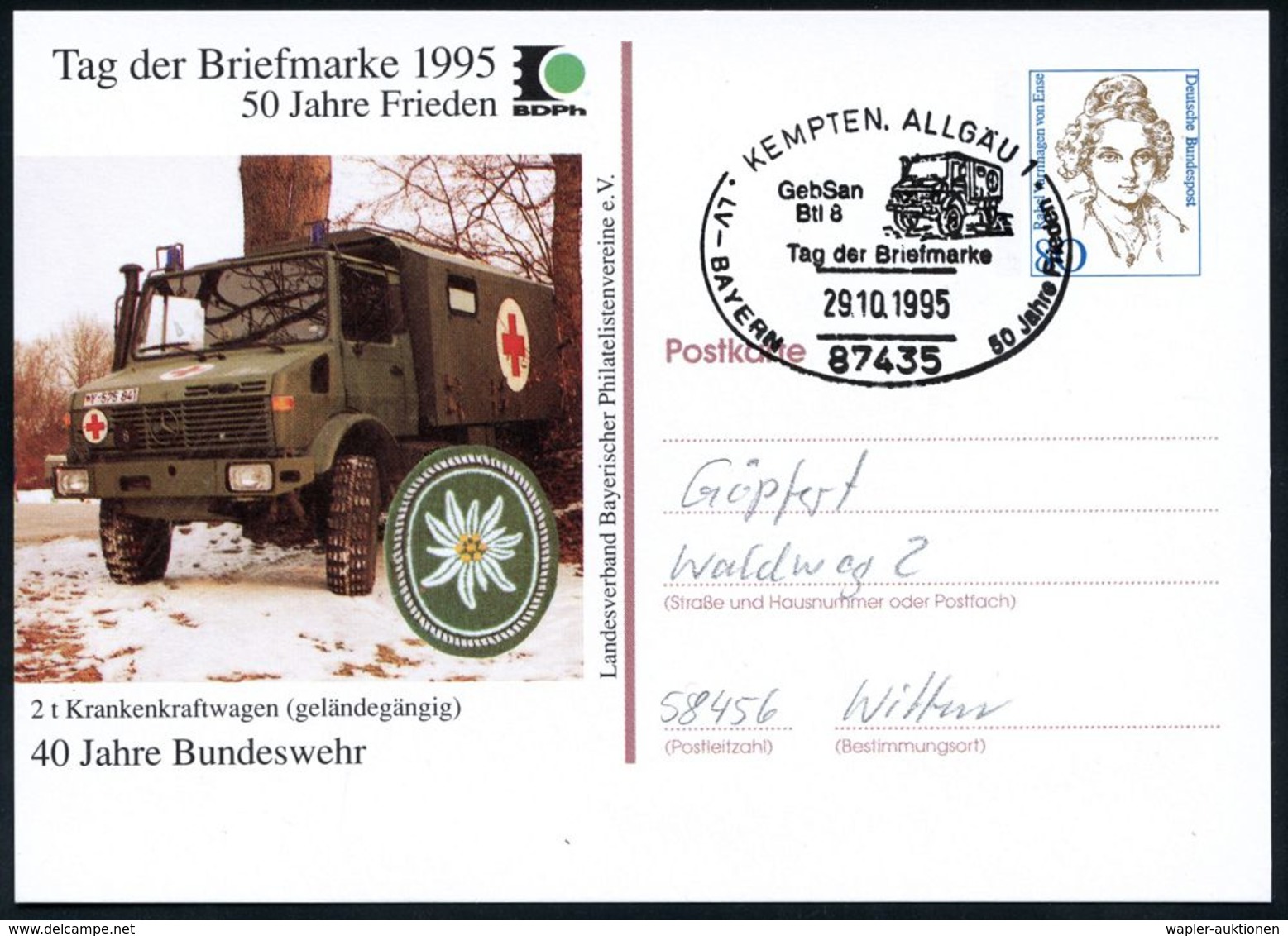 KRAFTFAHR-TRUPPEN / MILITÄR-KFZ. (ohne PANZER) : 87435 KEMPTEN,ALLGÄU 1/ Tag Der Briefmarke.. 1995 (29.10.) SSt = MB "Un - Autos