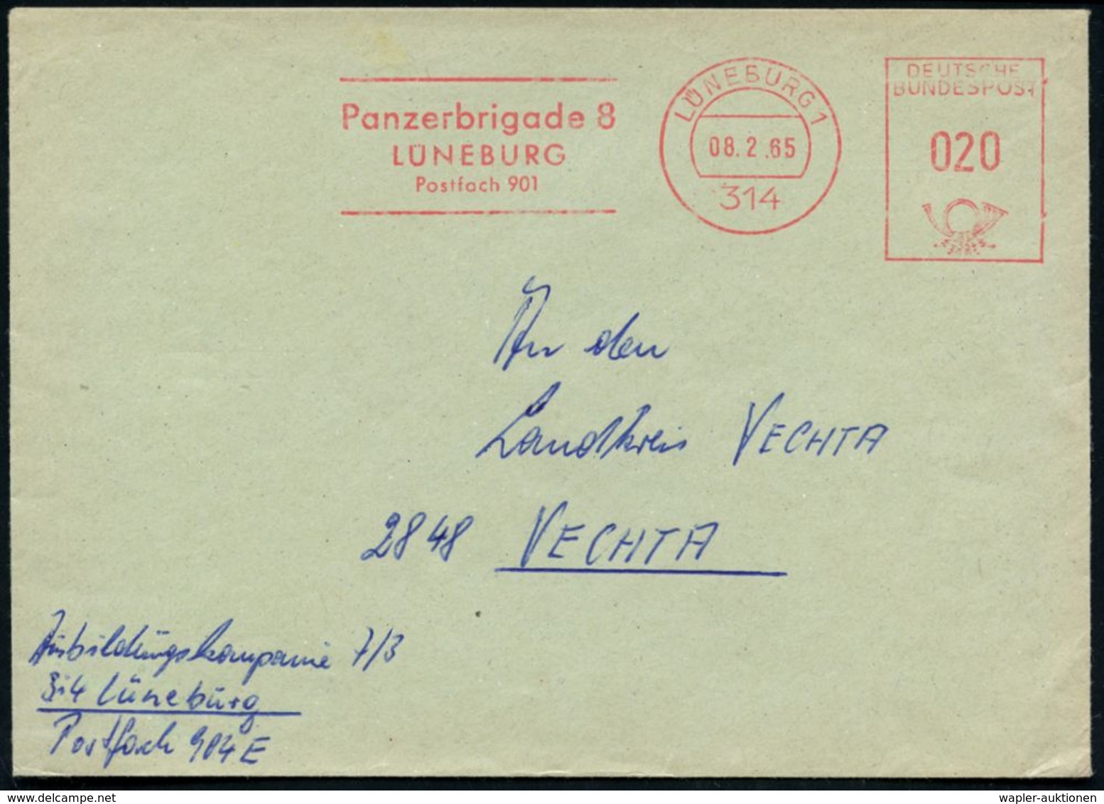 GEPANZERTE KRAFTFAHRZEUGE / PANZER : 314 LÜNEBURG 1/ Panzerbrigade 8 1963 (27.8.) AFS , Klar Gest. Dienst-Bf. (hs. Abs.  - Other (Earth)