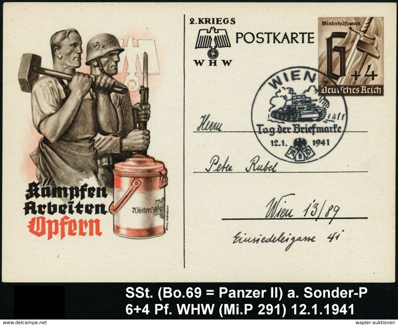 GEPANZERTE KRAFTFAHRZEUGE / PANZER : WIEN/ Tag Der Briefmarke 1941 (12.1.) SSt = Panzer II Auf Sonder-P. 6 + 4 Pf. WHW ( - Other (Earth)