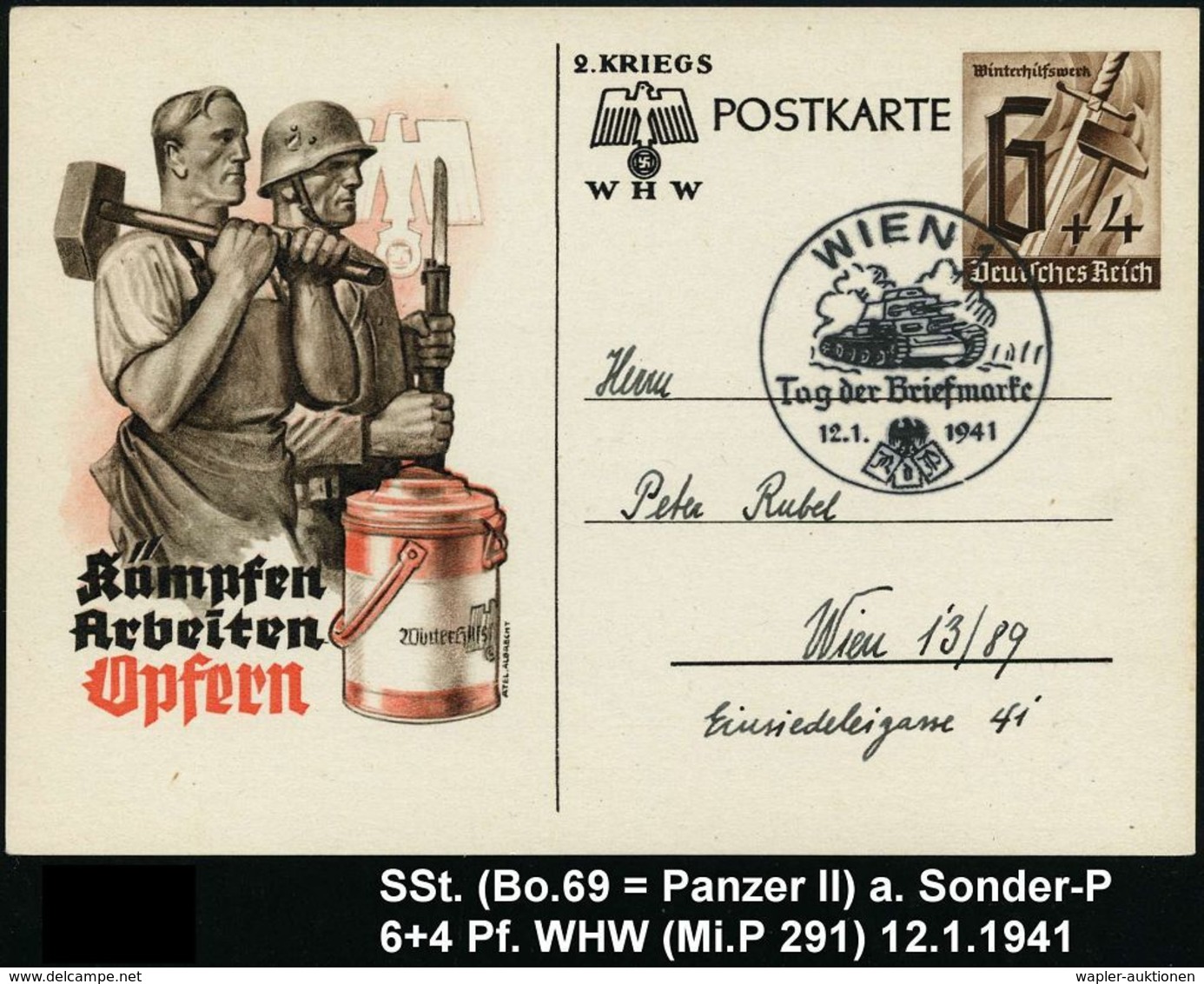 GEPANZERTE KRAFTFAHRZEUGE / PANZER : WIEN/ Tag Der Briefmarke 1941 (12.1.) SSt = Panzer II Auf Sonder-P. 6 + 4 Pf. WHW ( - Autres (Terre)