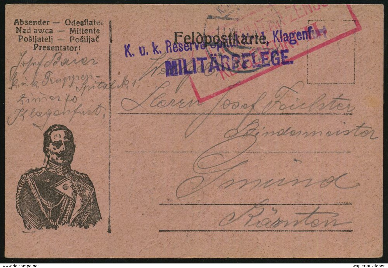 DIE REGENTSCHAFT WILHELMS II. 1888 - 1918 : ÖSTERREICH 1915 (1112.) Viol. 2L: K.u.k. Reserve Spital Nr.1, Klagenfurt + 1 - Autres & Non Classés