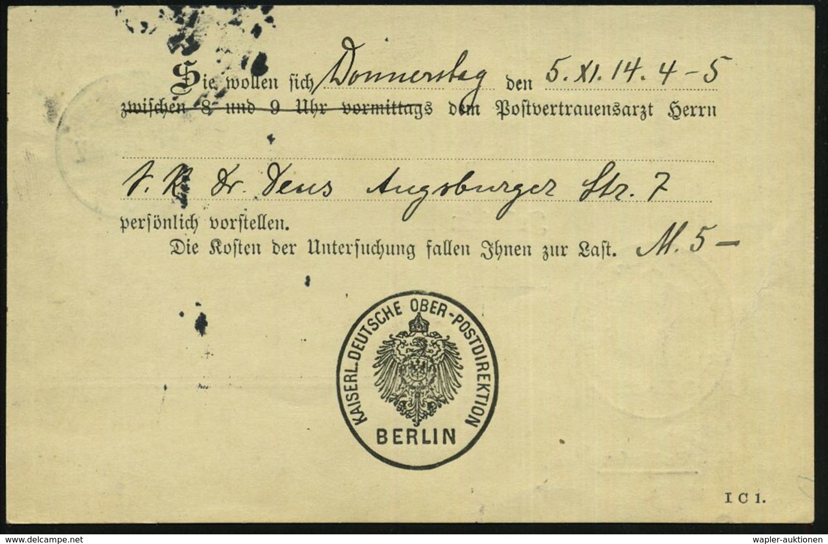 I. WELTKRIEG 1914 - 18 (siehe Auch: FELDPOST) : BERLIN W/ *35c 1914 (4.11.) 1K-Brücke Auf Postdienst-Kt: KAIS.DEUTSCHE O - Guerre Mondiale (Première)