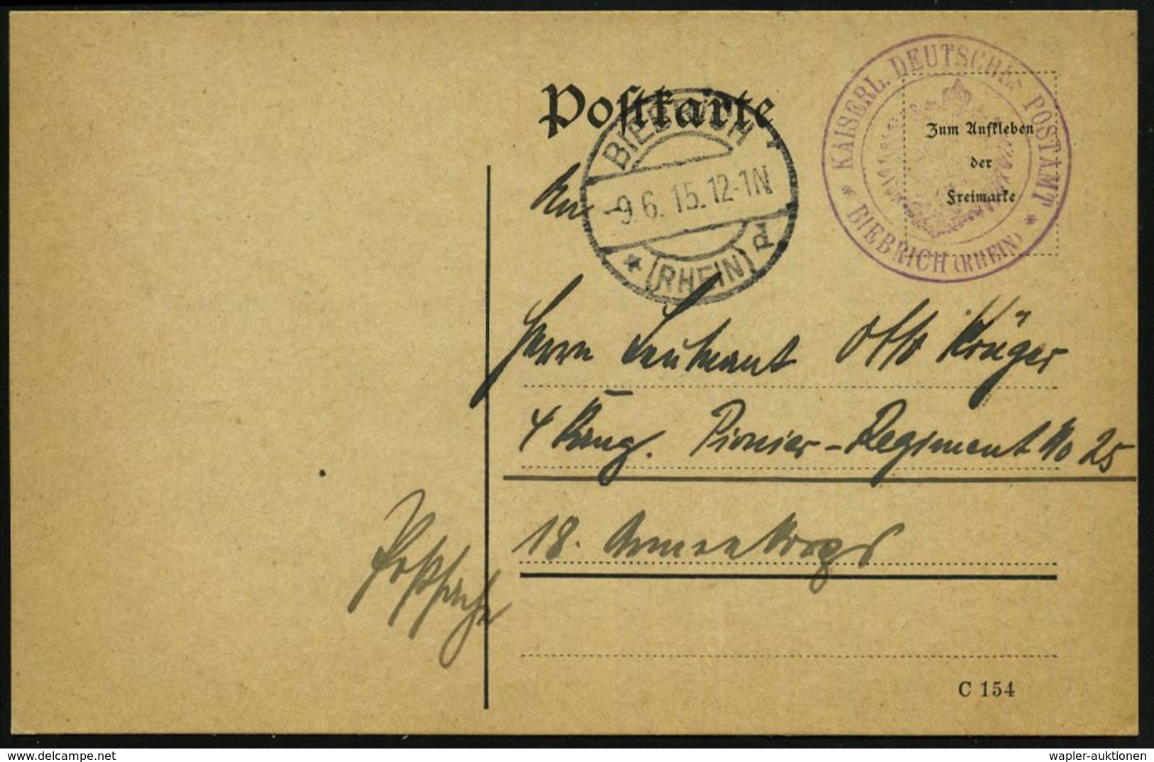 I. WELTKRIEG 1914 - 18 (siehe Auch: FELDPOST) : BIEBRICH/ *((RHEIN)/ D 1915 (9.6.) 1K-Brücke + Viol. 2K-HdN: KAISERL. DE - 1. Weltkrieg