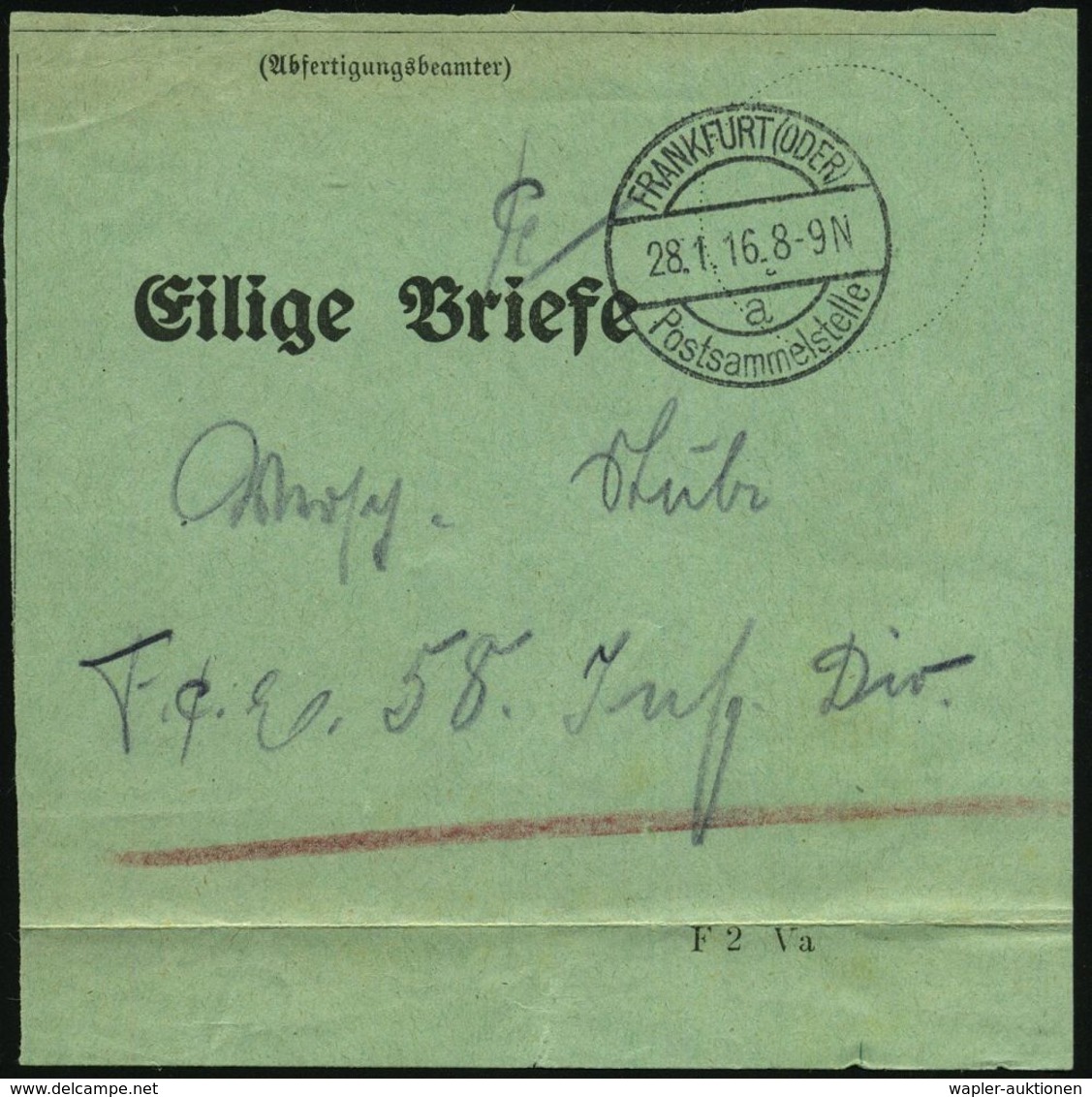 I. WELTKRIEG 1914 - 18 (siehe Auch: FELDPOST) : FRANKFURT (ODER)/ A/ Postsammelstelle 1916 (28.1.) 1K-Brücke Auf Grünem  - Guerre Mondiale (Première)