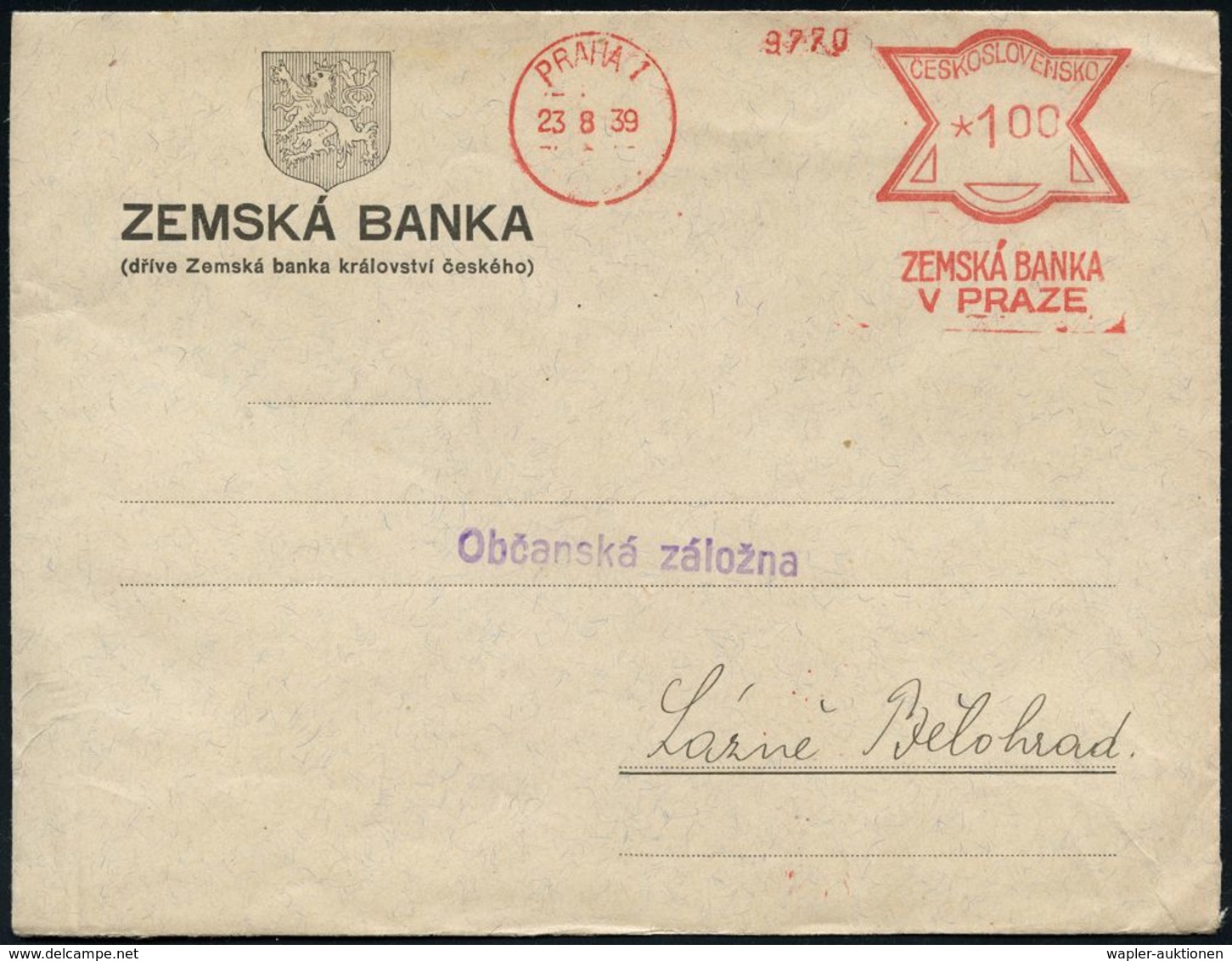 CSR-BESETZUNG 1939 : BÖHMEN & MÄHREN 1939 (23.8.) CSR-AFS Francotyp Unverändert: PRAHA 1/ZEMSKA BANKA.. Auf Inl.-Firmen- - Altri & Non Classificati