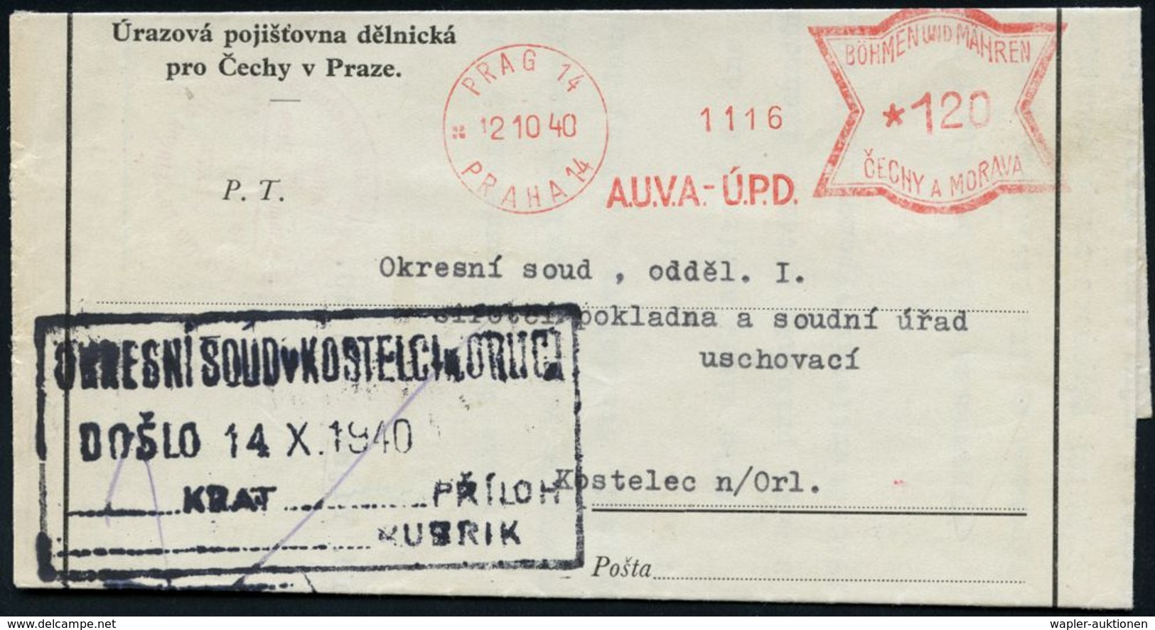 CSR-BESETZUNG 1939 : BÖHMEN & MÄHREN 1940 (12.10.) AFS Francotyp Zweisprachig: PRAG 14/ PRAHA 14/A.U.V.A.-U.P.D. Mit Wer - Other & Unclassified