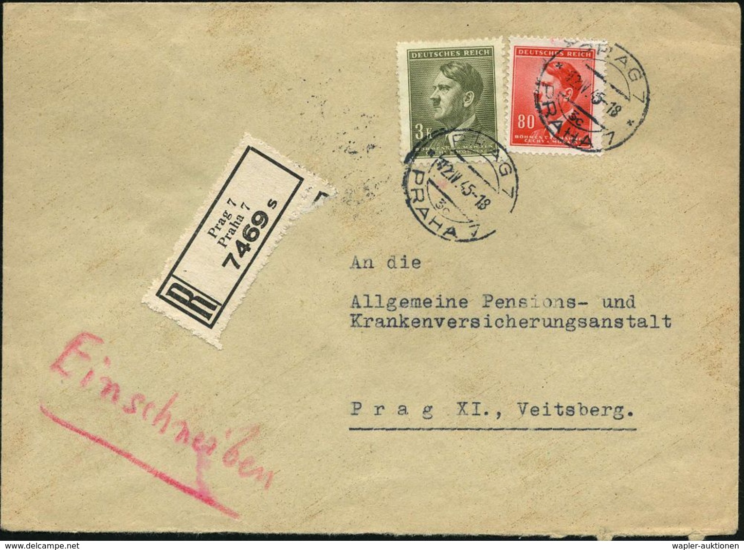 CSR-BESETZUNG 1939 : BÖHMEN & MÄHREN 1945 (12.4.) Hitler 80 H. U. 3 K., Je 2K: PRAG 7/ PRAHA 7 + Schw. RZ: Prag 7/Praha  - Autres & Non Classés
