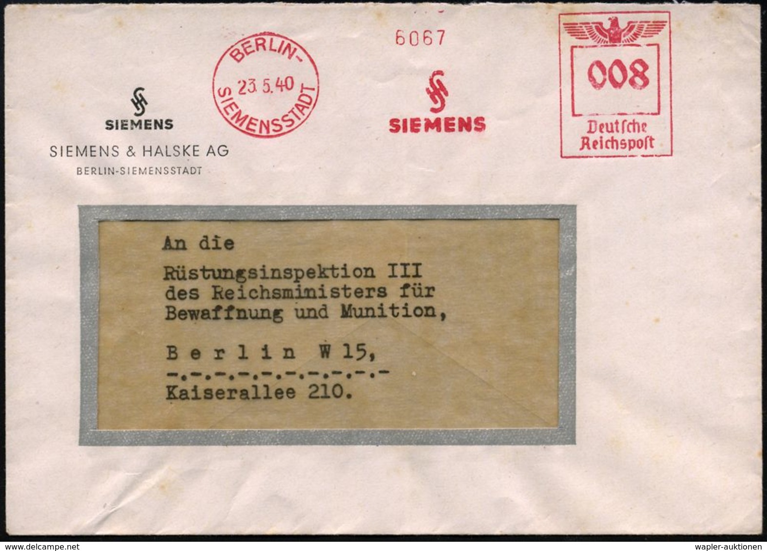 RÜSTUNGSINDUSTRIE  / MUNITION : BERLIN-/ SIEMENSSTADT/ SH/ SIEMENS 1940 (23.5.) AFS (Monogr. "SH") Motivgl. Firmen-Ortsb - Sonstige & Ohne Zuordnung