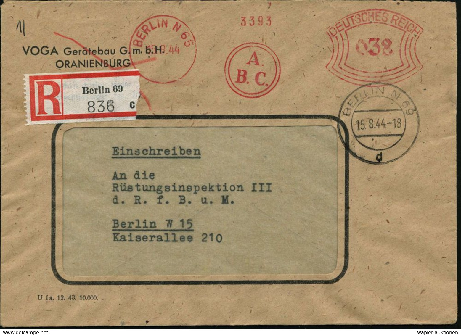 RÜSTUNGSINDUSTRIE  / MUNITION : BERLIN N 65/ A./ B.C. 1944 (15.8.) Seltener ,anonymisierter AFS 032 Pf. (Monogr.-Logo) = - Other & Unclassified