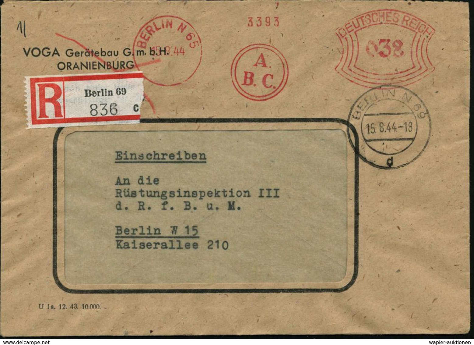RÜSTUNGSINDUSTRIE  / MUNITION : BERLIN N 65/ A./ B.C. 1944 (15.8.) Seltener ,anonymisierter AFS 032 Pf. (Monogr.-Logo) = - Autres & Non Classés