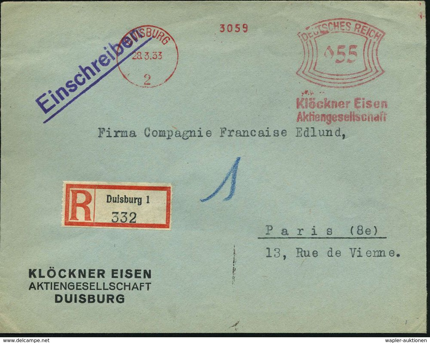 RÜSTUNGSINDUSTRIE  / MUNITION : DUISBURG/ 2/ Klöckner Eisen/ AG 1933 (15.9.) AFS 055 Pf. + RZ: Duisburg 1 , Firmen-Bf.:  - Autres & Non Classés