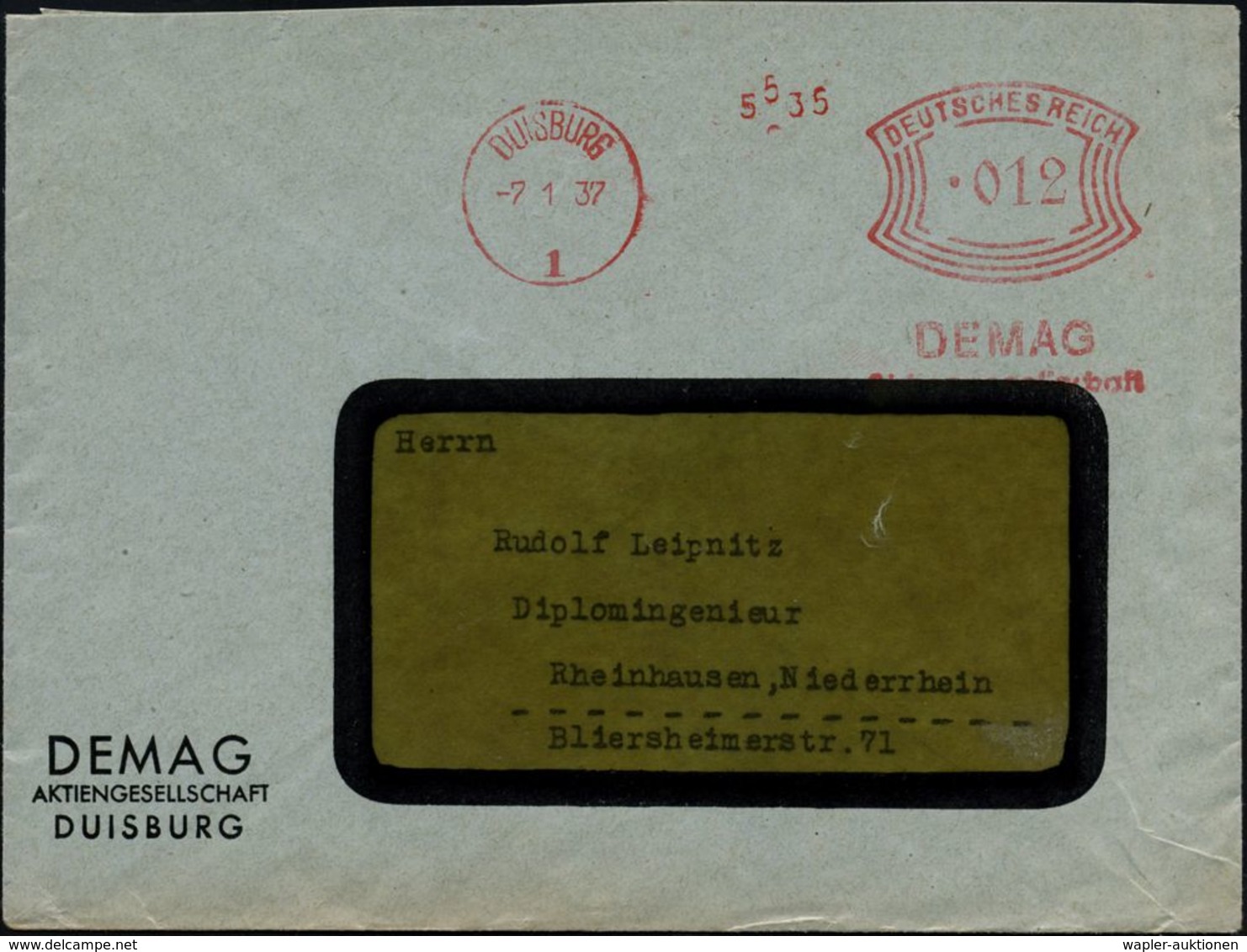 RÜSTUNGSINDUSTRIE  / MUNITION : DUISBURG/ 1/ DEMAG/ AG 1936 (10.12.) AFS Auf Firmen-Bf. (Dü.E-1Ah) - Altri & Non Classificati