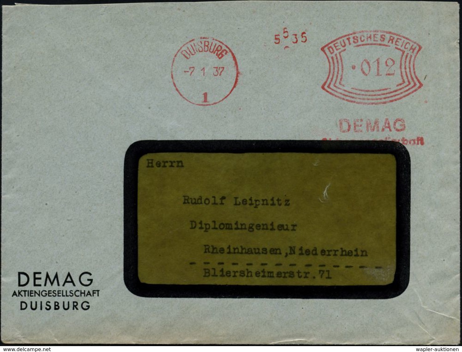 RÜSTUNGSINDUSTRIE  / MUNITION : DUISBURG/ 1/ DEMAG/ AG 1936 (10.12.) AFS Auf Firmen-Bf. (Dü.E-1Ah) - Other & Unclassified