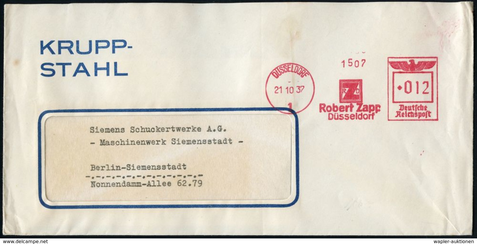 RÜSTUNGSINDUSTRIE  / MUNITION : DÜSSELDORF/ 1/ RZD/ Robert Zapp.. 1937 (21.10.) AFS (Monogr.-Logo) Auf Firmen-Bf.: KRUPP - Autres & Non Classés