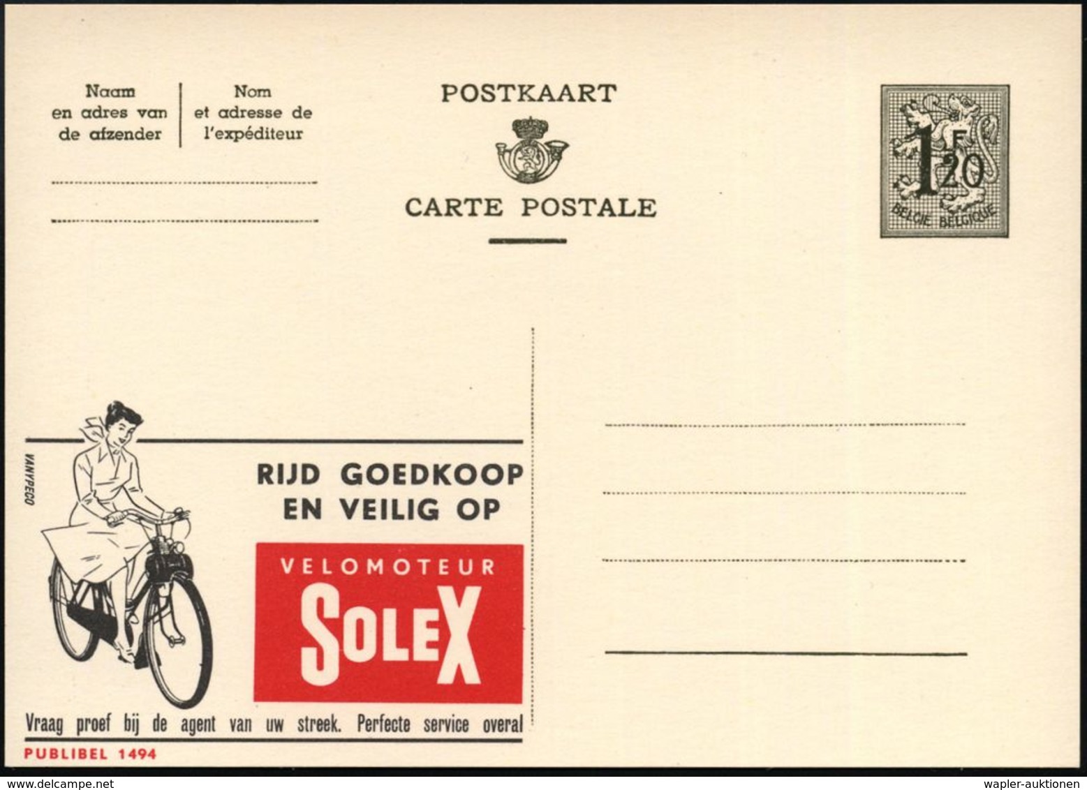 F A H R R A D  / INDUSTRIE & ZUBEHÖR : BELGIEN 1954 1,20 F. Reklame-P. Wappenlöwe, Oliv: ..VELOMOTEUR/ SOLEX.. (Frau Auf - Andere (Aarde)