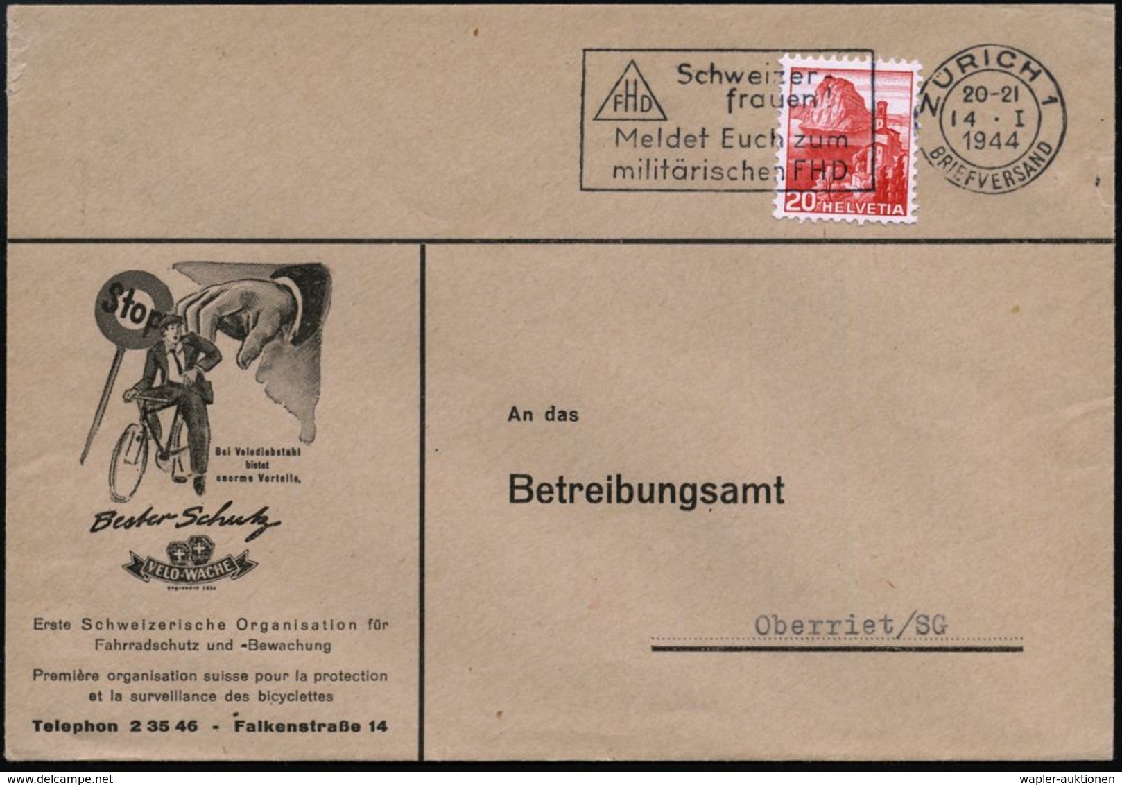 F A H R R A D  / INDUSTRIE & ZUBEHÖR : SCHWEIZ 1944 (Jan.) Reklame-Bf: VELO-WACHE.. , Schweiz. Fahrradschutz U. -Bewachu - Altri (Terra)