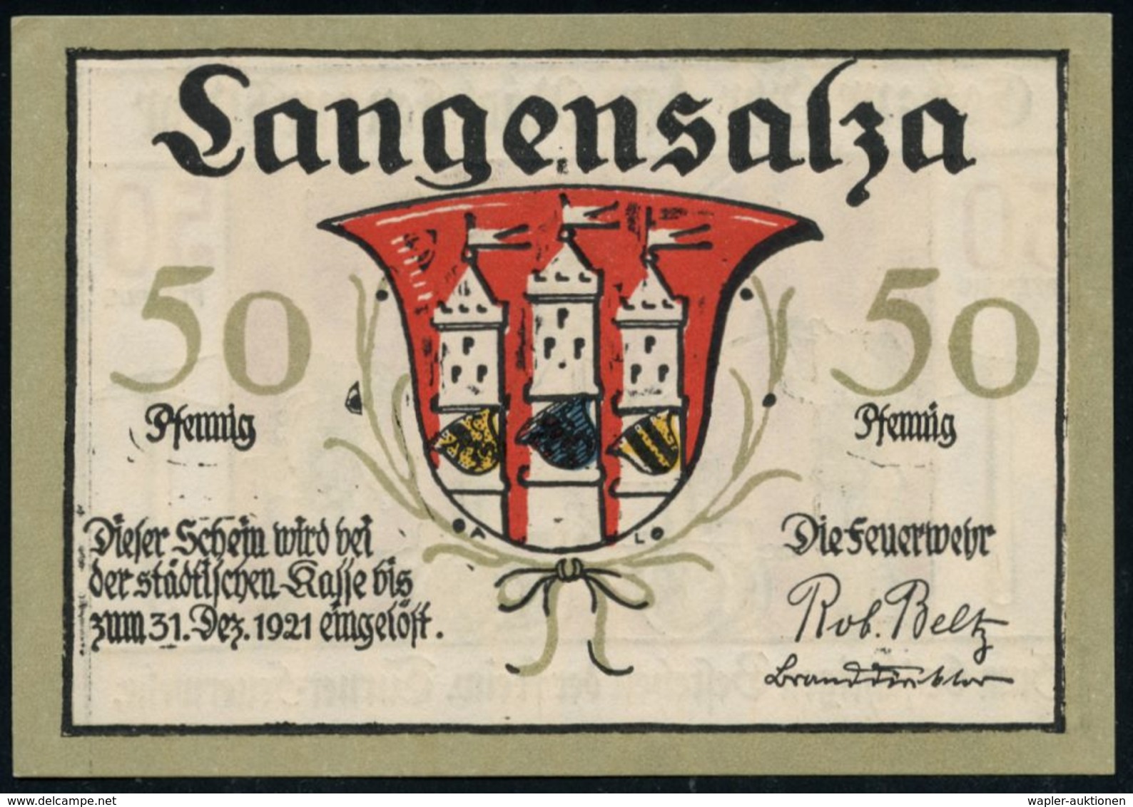 FEUERWEHR / BRANDVERHÜTUNG & -BEKÄMPFUNG : Bad Langensalza 1921 50 Pf. Notgeld Der Stadtkasse, 2 Verschiedene Banknoten  - Sapeurs-Pompiers