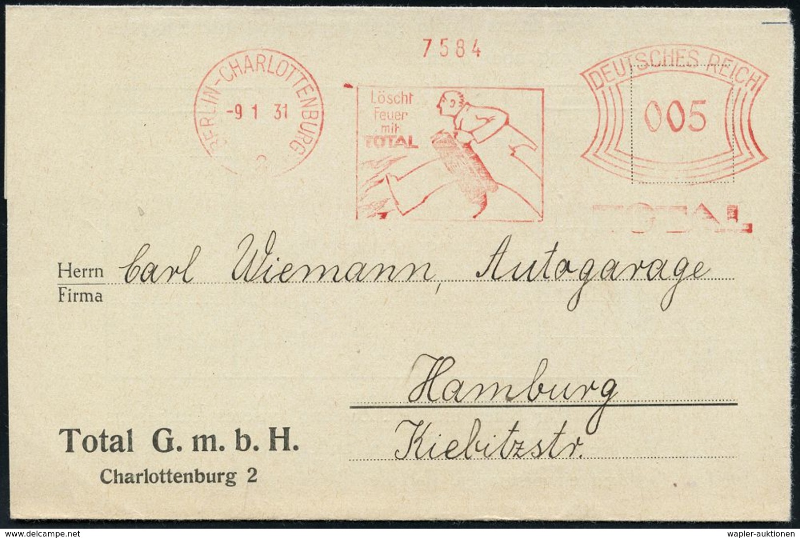 FEUERWEHR / BRANDVERHÜTUNG & -BEKÄMPFUNG : BERLIN-CHARLOTTENBURG/ 2/ Löscht/ Feuer/ Mit/ TOTAL 1931 (9.1.) Dekorat.AFS = - Feuerwehr