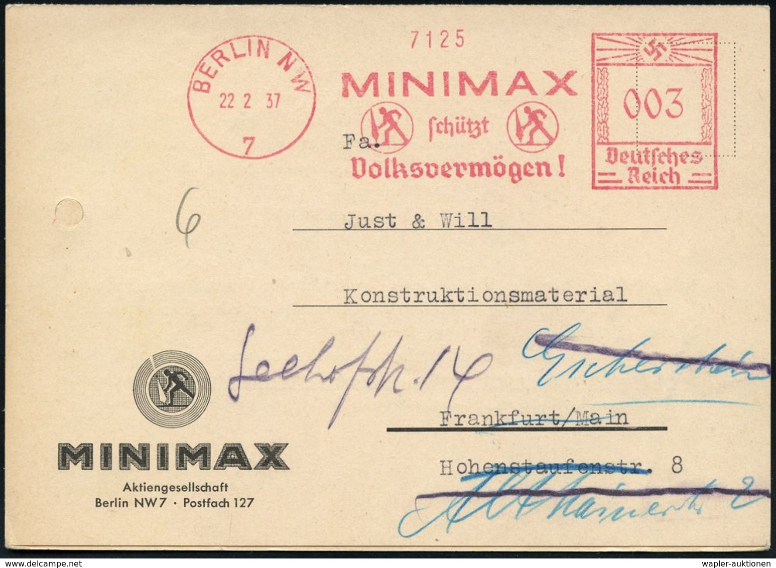 FEUERWEHR / BRANDVERHÜTUNG & -BEKÄMPFUNG : BERLIN NW/ 7/ MINIMAX/ Schützt/ Volksvermögen! 1937 (22.2.) Dekorativer AFS = - Pompieri