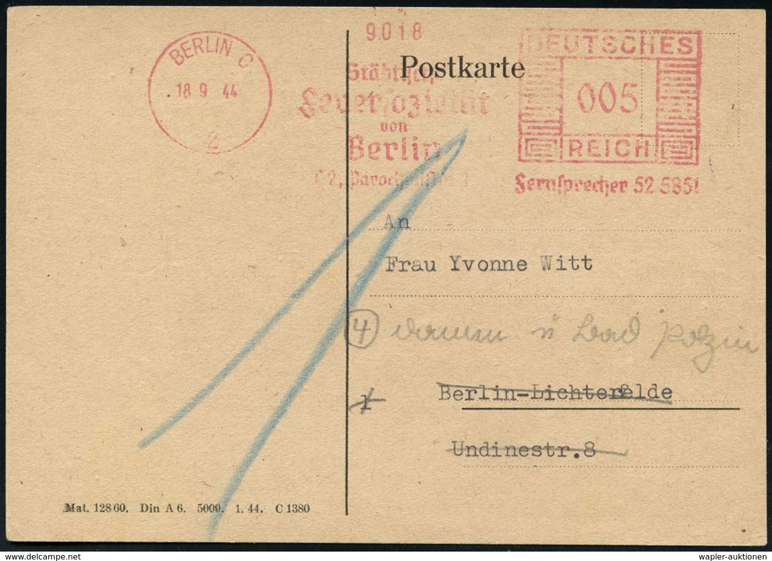 FEUERWEHR / BRANDVERHÜTUNG & -BEKÄMPFUNG : BERLIN C/ 2/ Städt./ Feuersozietät/ Von/ Berlin.. 1944 (18.9.) AFS 005 Pf. +  - Feuerwehr