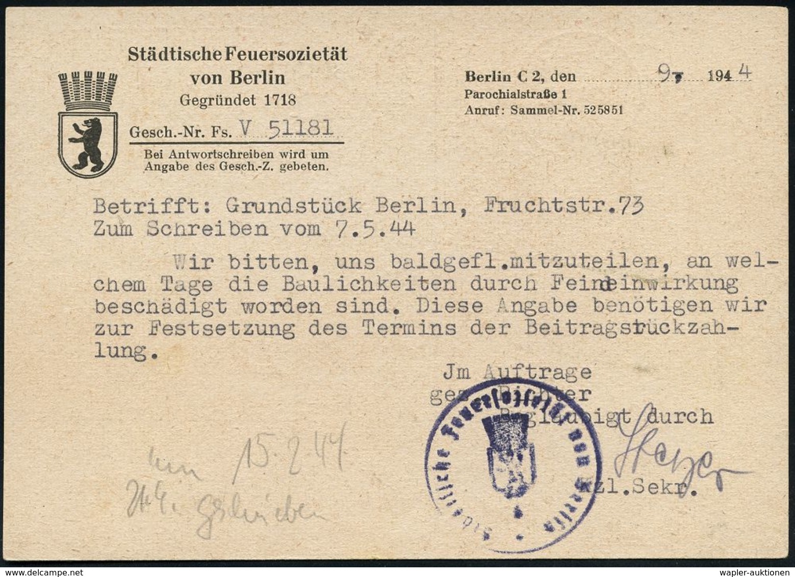 FEUERWEHR / BRANDVERHÜTUNG & -BEKÄMPFUNG : BERLIN C/ 2/ Städt./ Feuersozietät/ Von/ Berlin.. 1944 (18.9.) AFS 005 Pf. +  - Sapeurs-Pompiers