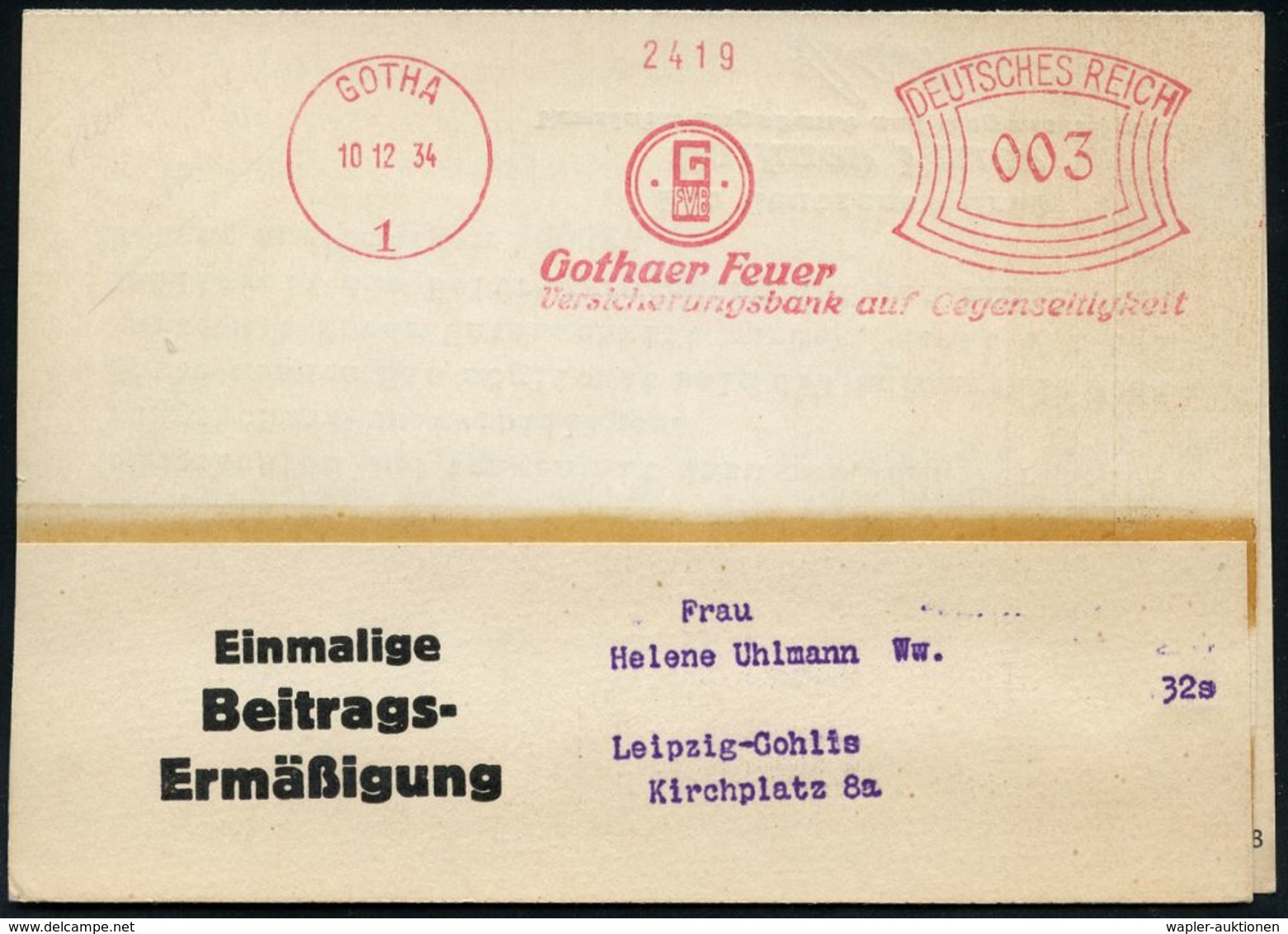 FEUERWEHR / BRANDVERHÜTUNG & -BEKÄMPFUNG : GOTHA/ 1/ Gothaer Feuer/ Versicherungsbank Auf Gegenseitigkeit 1934 (10.12.)  - Firemen