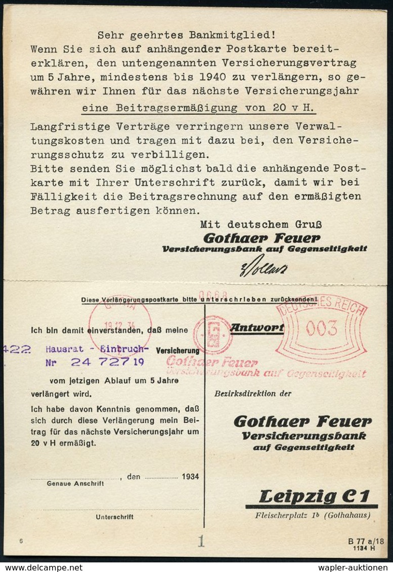 FEUERWEHR / BRANDVERHÜTUNG & -BEKÄMPFUNG : GOTHA/ 1/ Gothaer Feuer/ Versicherungsbank Auf Gegenseitigkeit 1934 (10.12.)  - Sapeurs-Pompiers