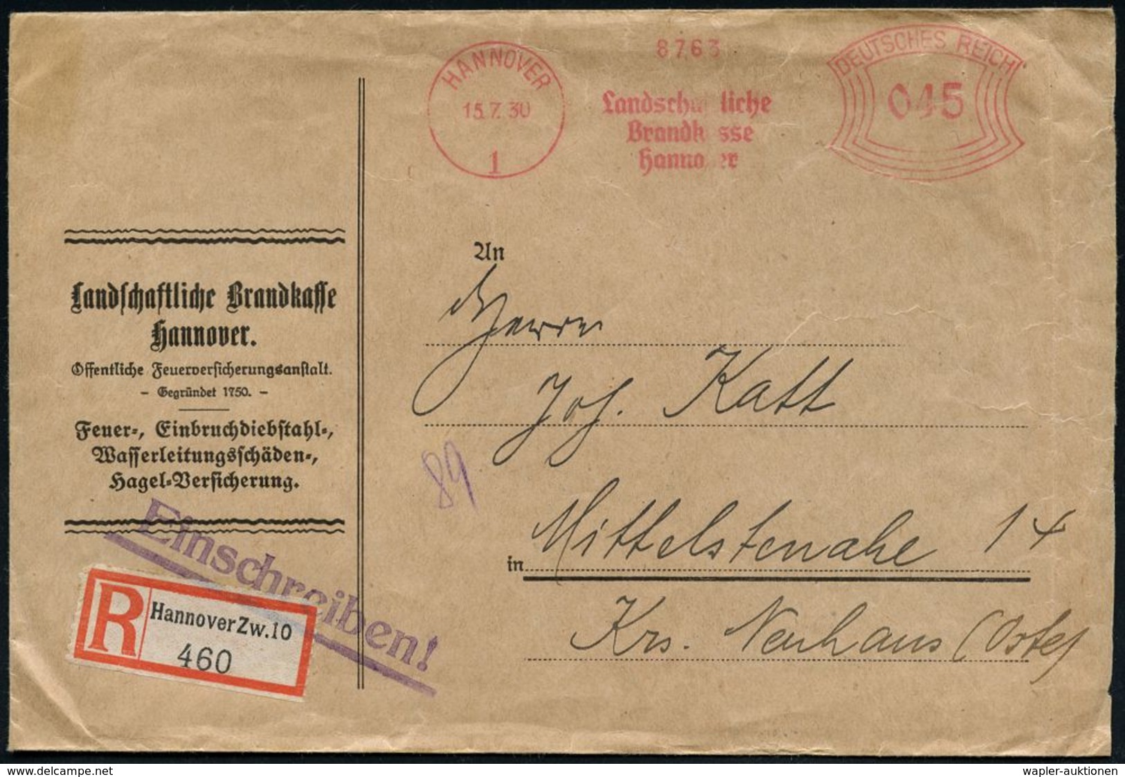 FEUERWEHR / BRANDVERHÜTUNG & -BEKÄMPFUNG : HANNOVER/ 1/ Landschaftliche/ Brandkasse.. 1930 (15.7.) AFS 045 Pf. + RZ: Han - Feuerwehr